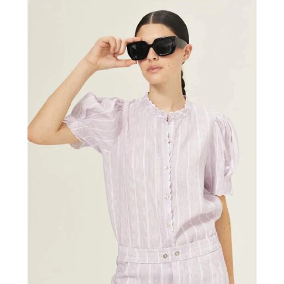 Tuckernuck LANHTROPY 100% Linen Scallop Blouse Striped Puff Sleeve Shirt Top - Picture 14 of 15